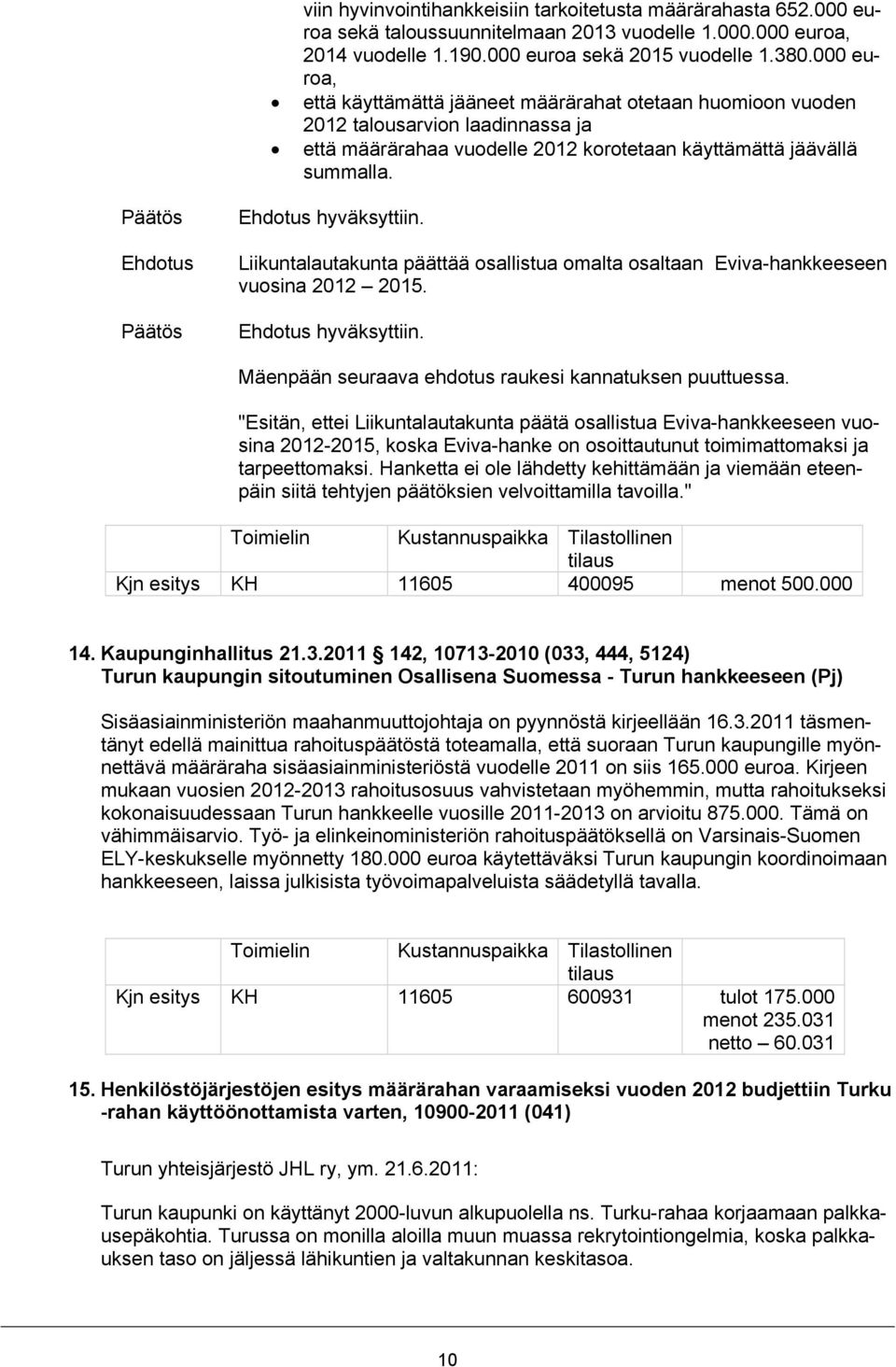 Liikuntalautakunta päättää osallistua omalta osaltaan Eviva-hankkeeseen vuosina 2012 2015. Mäenpään seuraava ehdotus raukesi kannatuksen puuttuessa.