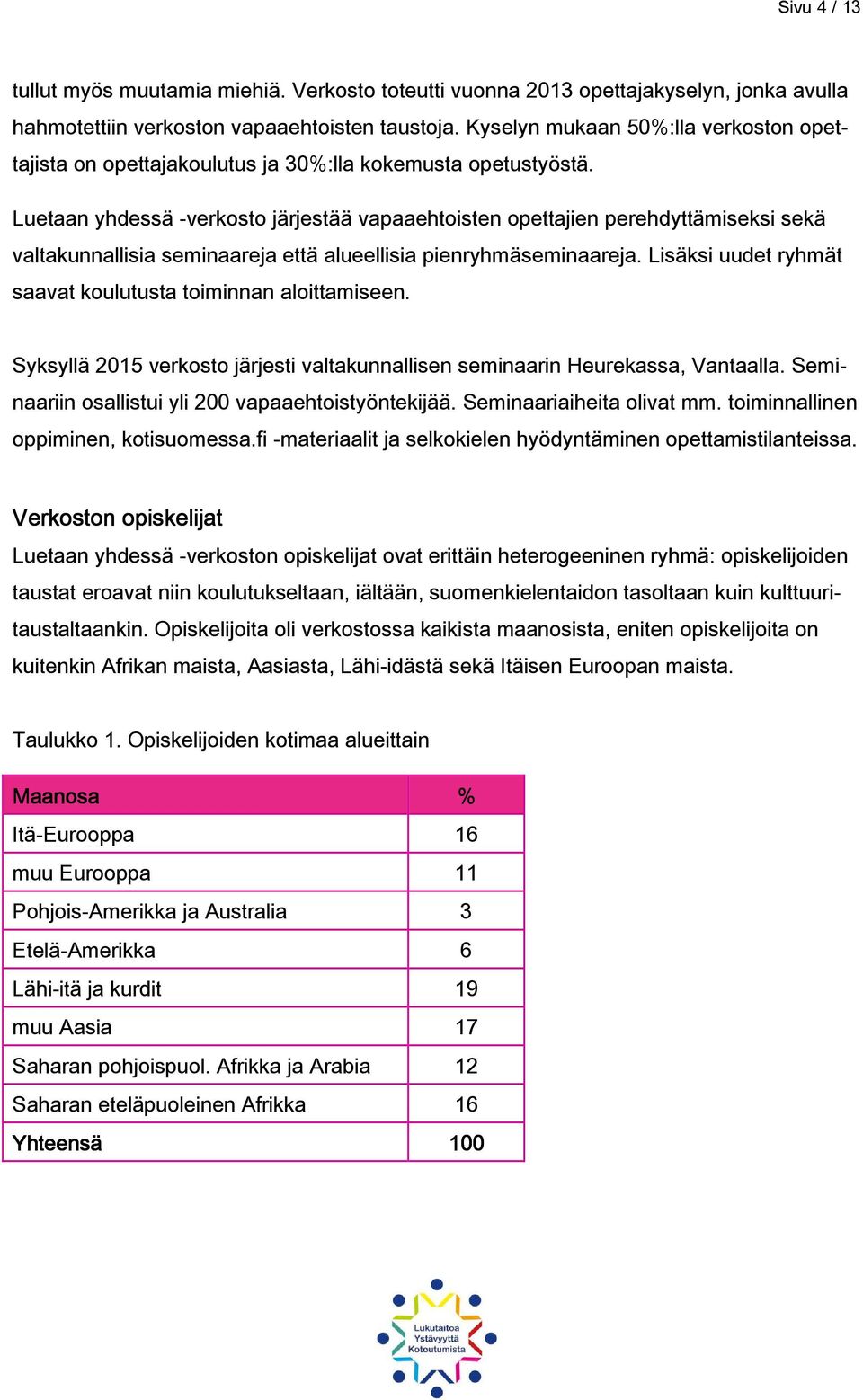 Luetaan yhdessä -verkosto järjestää vapaaehtoisten opettajien perehdyttämiseksi sekä valtakunnallisia seminaareja että alueellisia pienryhmäseminaareja.