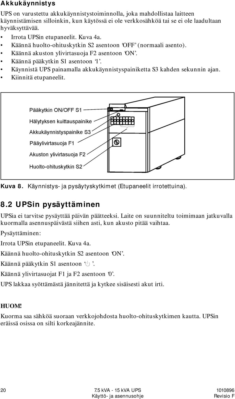 Käynnistä UPS painamalla akkukäynnistyspainiketta S3 kahden sekunnin ajan. Kiinnitä etupaneelit. Kuva 8. Käynnistys- ja pysäytyskytkimet (Etupaneelit irrotettuina). 8.2 UPSin pysäyttäminen UPSia ei tarvitse pysäyttää päivän päätteeksi.