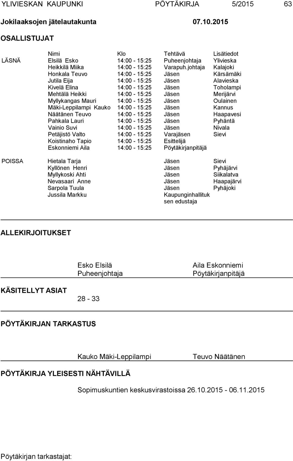 johtaja Kalajoki Honkala Teuvo 14:00-15:25 Jäsen Kärsämäki Jutila Eija 14:00-15:25 Jäsen Alavieska Kivelä Elina 14:00-15:25 Jäsen Toholampi Mehtälä Heikki 14:00-15:25 Jäsen Merijärvi Myllykangas