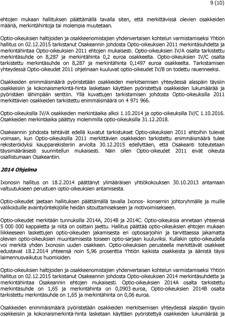 2015 tarkistanut Osakeannin johdosta Optio-oikeuksien 2011 merkintäsuhdetta ja merkintähintaa Optio-oikeuksien 2011 ehtojen mukaisesti.