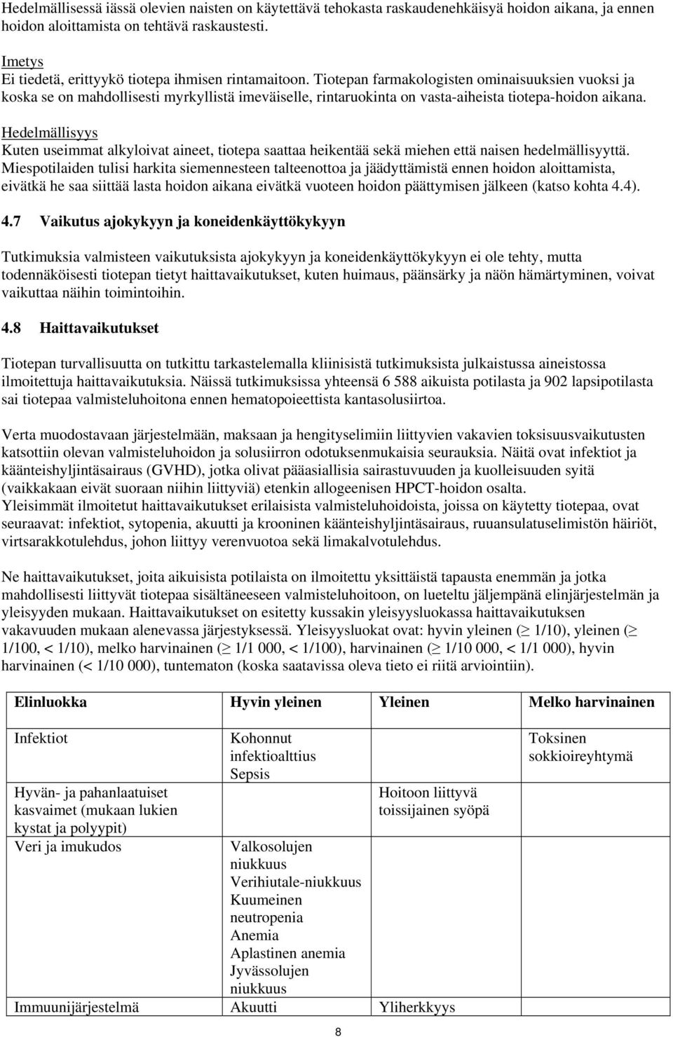 Tiotepan farmakologisten ominaisuuksien vuoksi ja koska se on mahdollisesti myrkyllistä imeväiselle, rintaruokinta on vasta-aiheista tiotepa-hoidon aikana.