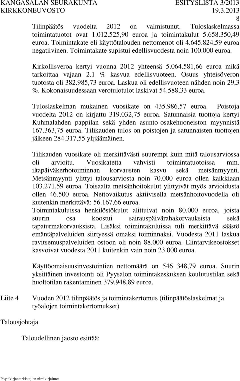 Osuus yhteisöveron tuotosta oli 382.985,73 euroa. Laskua oli edellisvuoteen nähden noin 29,3 %. Kokonaisuudessaan verotulotulot laskivat 54.588,33 euroa. Tuloslaskelman mukainen vuosikate on 435.
