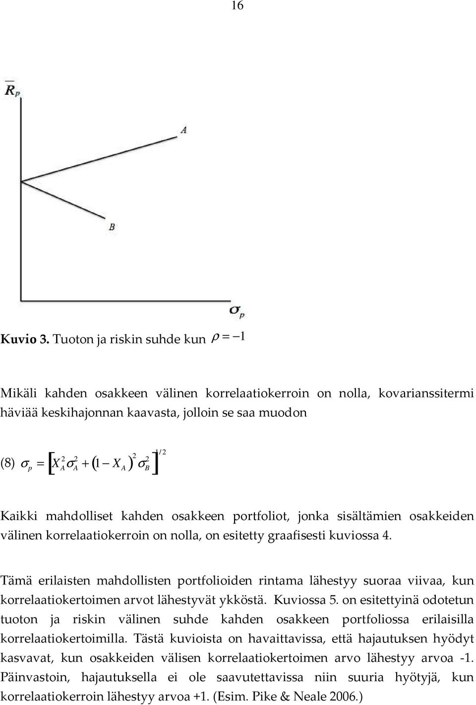 [ σ B ] 1/ 2 Kaikki mahdolliset kahden osakkeen portfoliot, jonka sisältämien osakkeiden välinen korrelaatiokerroin on nolla, on esitetty graafisesti kuviossa 4.