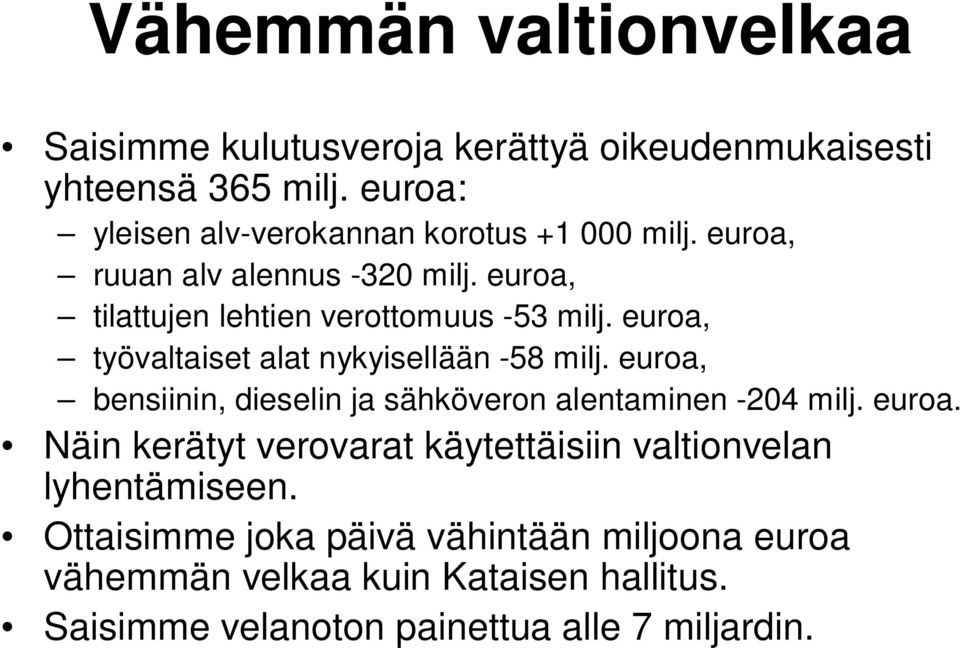 euroa, työvaltaiset alat nykyisellään -58 milj. euroa, bensiinin, dieselin ja sähköveron alentaminen -204 milj. euroa. Näin kerätyt verovarat käytettäisiin valtionvelan lyhentämiseen.