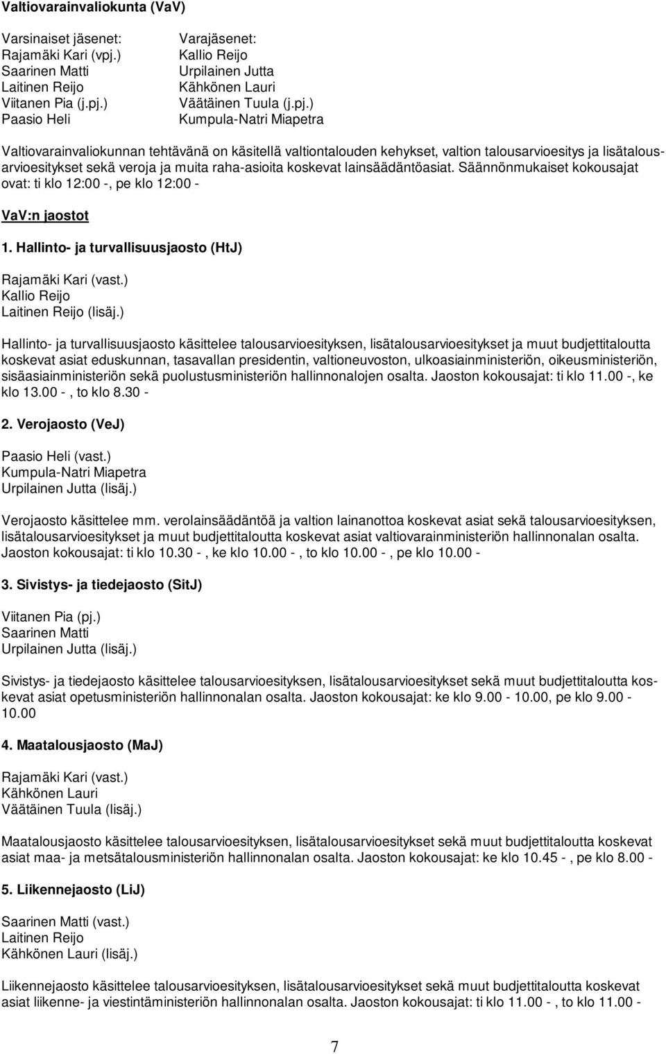 lainsäädäntöasiat. Säännönmukaiset kokousajat ovat: ti klo 12:00 -, pe klo 12:00 - VaV:n jaostot 1. Hallinto- ja turvallisuusjaosto (HtJ) Rajamäki Kari (vast.) Kallio Reijo Laitinen Reijo (lisäj.