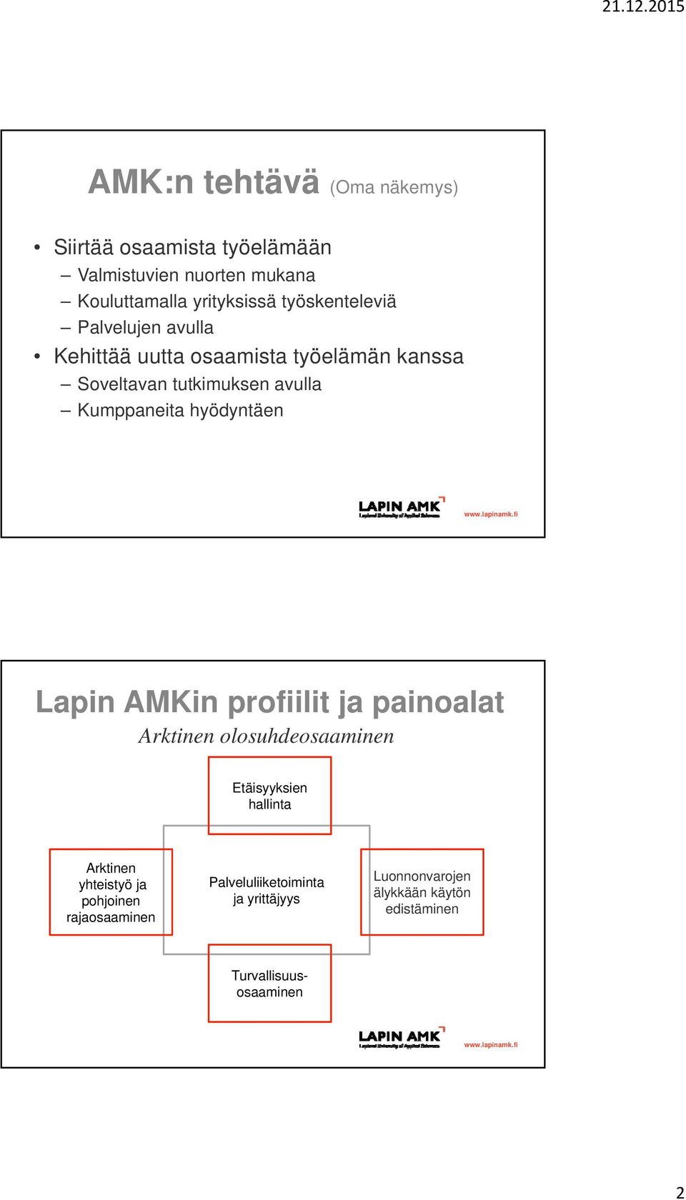 hyödyntäen Lapin AMKin profiilit ja painoalat Arktinen olosuhdeosaaminen Etäisyyksien hallinta Arktinen yhteistyö ja