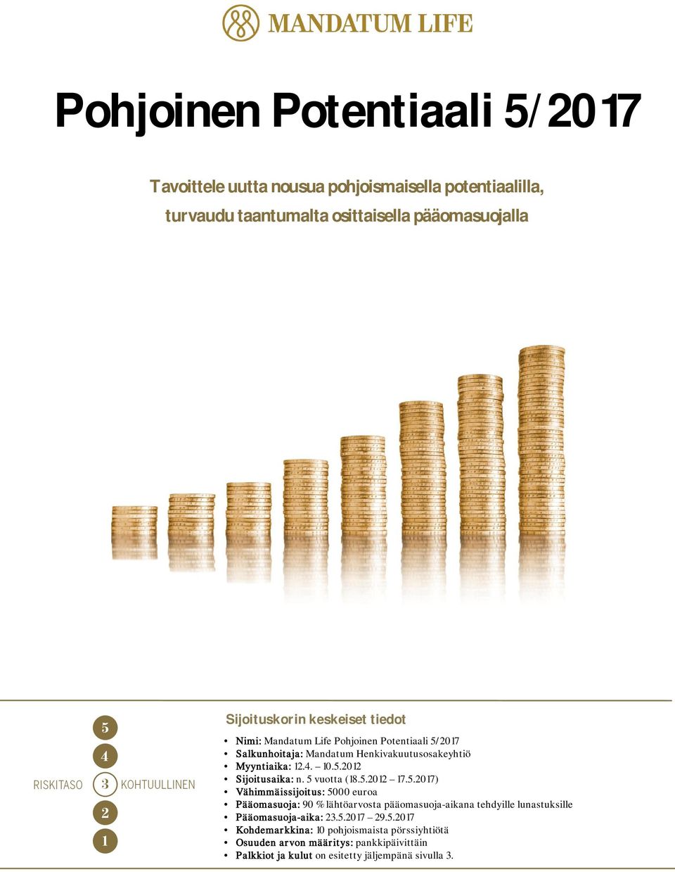 5 vuotta (18.5.2012 17.5.2017) Vähimmäissijoitus: 5000 euroa Pääomasuoja: 90 % lähtöarvosta pääomasuoja-aikana tehdyille lunastuksille Pääomasuoja-aika: 23.