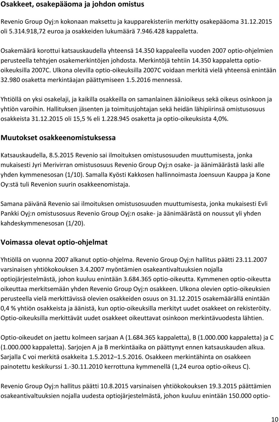 Ulkona olevilla optio-oikeuksilla 2007C voidaan merkitä vielä yhteensä enintään 32.980 osaketta merkintäajan päättymiseen 1.5.2016 mennessä.