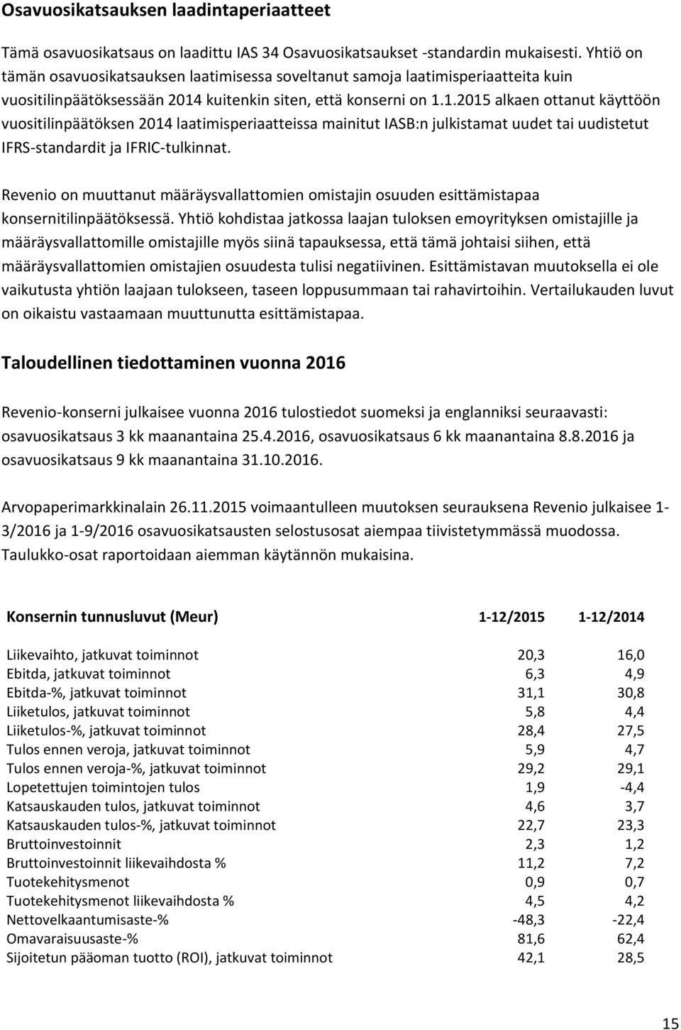 kuitenkin siten, että konserni on 1.1.2015 alkaen ottanut käyttöön vuositilinpäätöksen 2014 laatimisperiaatteissa mainitut IASB:n julkistamat uudet tai uudistetut IFRS-standardit ja IFRIC-tulkinnat.