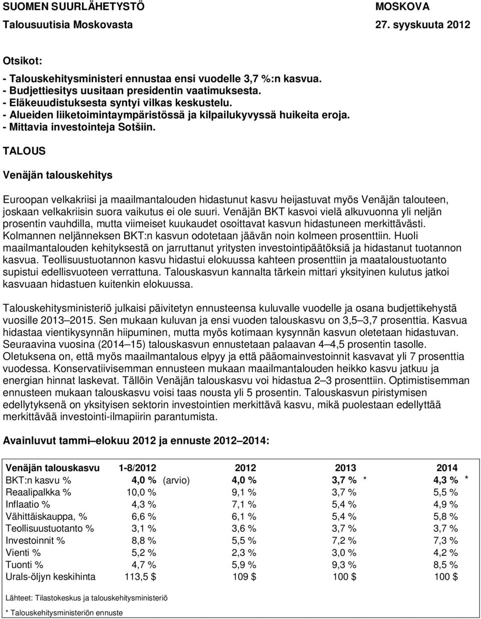 TALOUS Venäjän talouskehitys Euroopan velkakriisi ja maailmantalouden hidastunut kasvu heijastuvat myös Venäjän talouteen, joskaan velkakriisin suora vaikutus ei ole suuri.