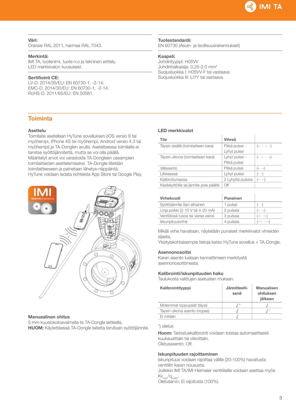 0 mm 2 Suojusluokka I: H05VV-F tai vastaava Suojusluokka III: LiYY tai vastaava Toiminta Asettelu Toimilaite asetellaan HyTune sovelluksen (ios versio 8 tai myöhempi, iphone 4S tai myöhempi, Android