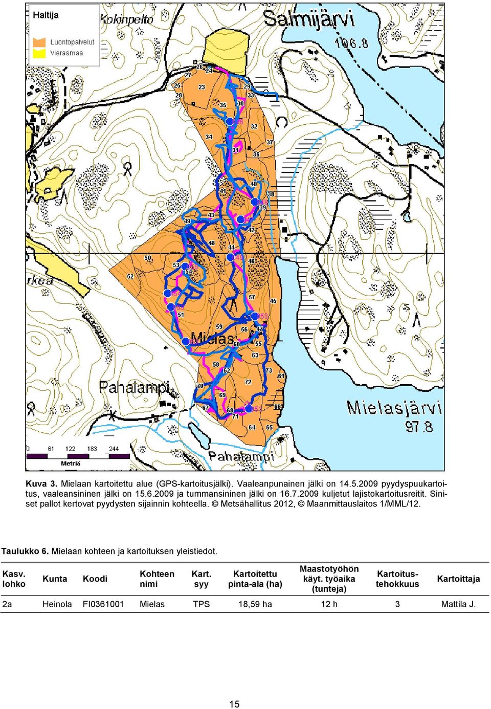 Metsähallitus 2012, Maanmittauslaitos 1/MML/12. Taulukko 6. Mielaan kohteen ja kartoituksen yleistiedot. Kasv.