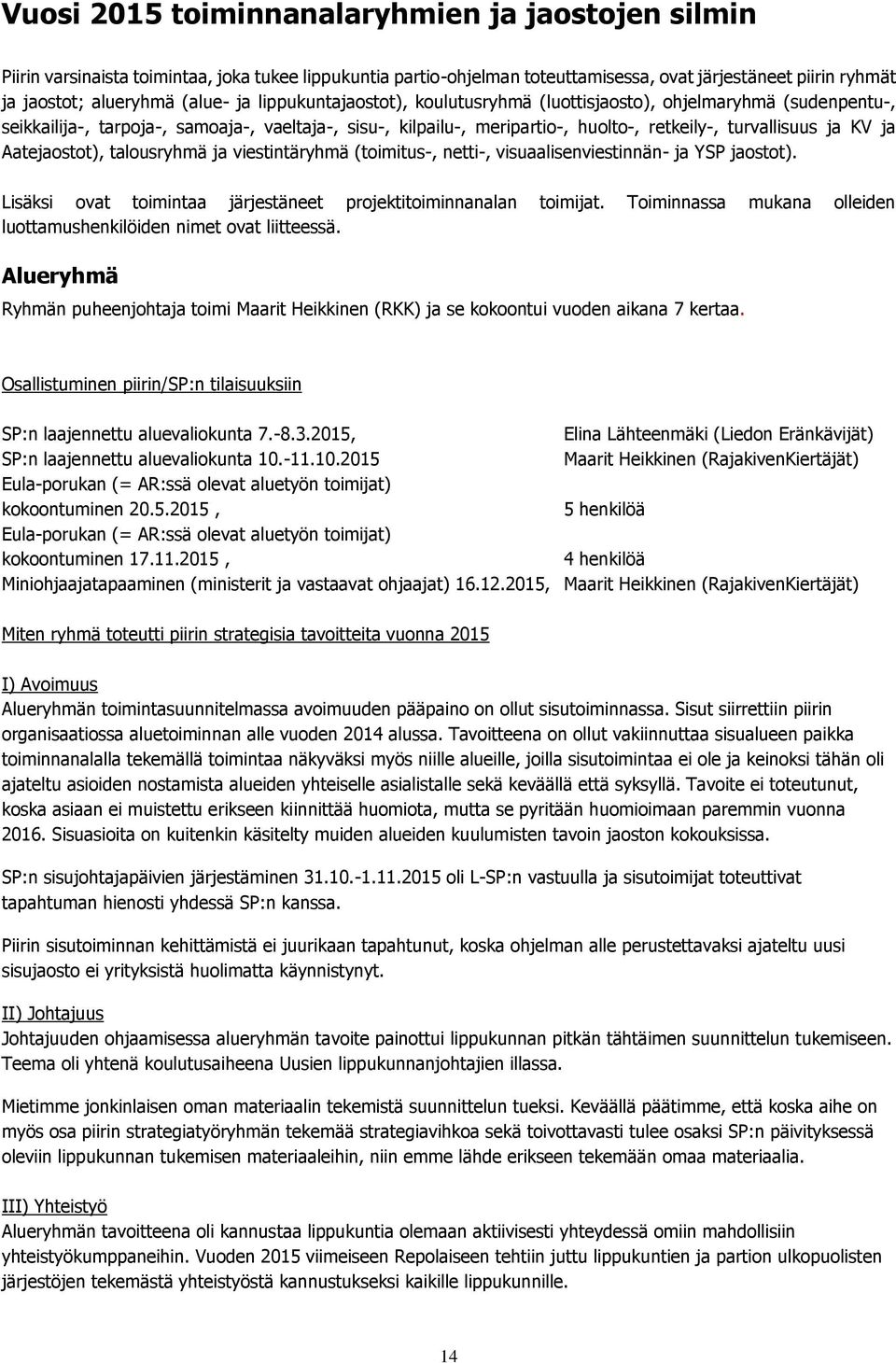 Aatejaostot), talousryhmä ja viestintäryhmä (toimitus-, netti-, visuaalisenviestinnän- ja YSP jaostot). Lisäksi ovat toimintaa järjestäneet projektitoiminnanalan toimijat.