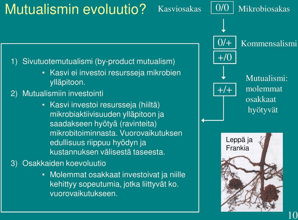 2) Mutualismiin investointi Kasvi investoi resursseja (hiiltä) mikrobiaktiivisuuden ylläpitoon ja saadakseen hyötyä (ravinteita)
