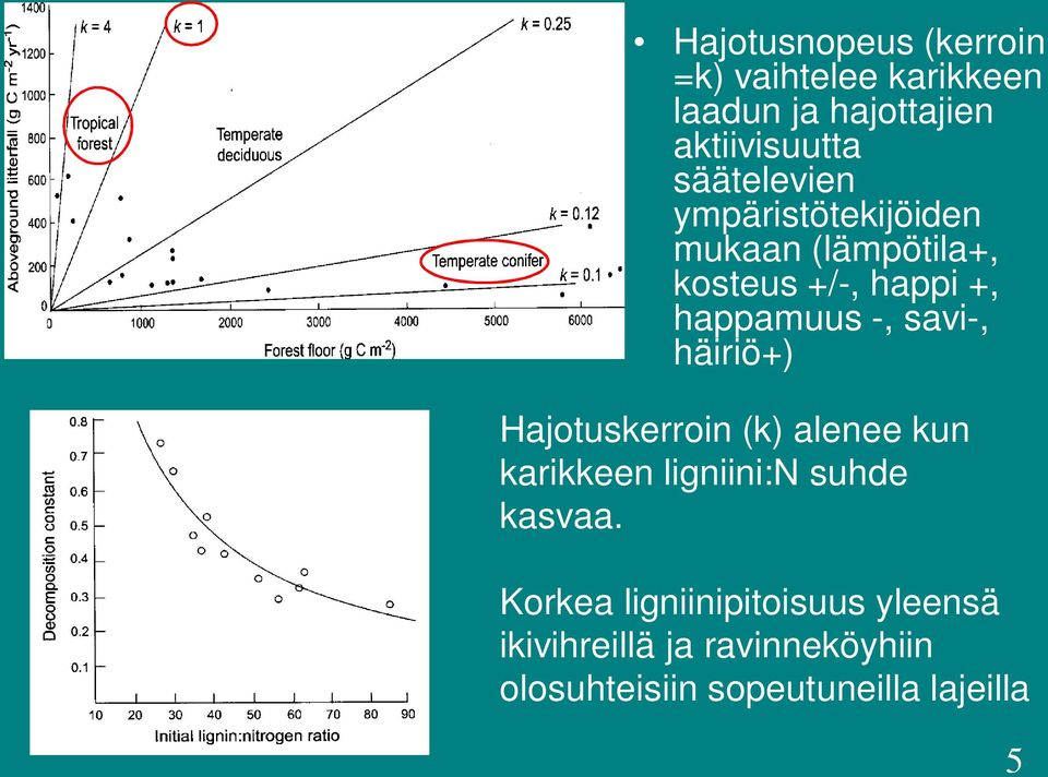 savi-, häiriö+) Hajotuskerroin (k) alenee kun karikkeen ligniini:n suhde kasvaa.