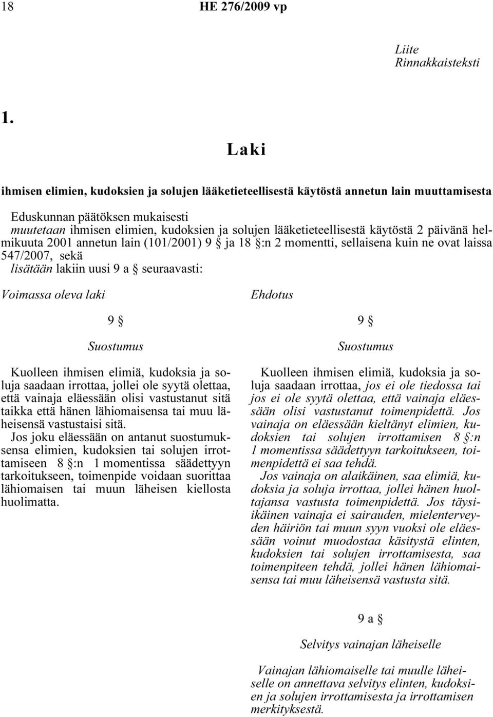 käytöstä 2 päivänä helmikuuta 2001 annetun lain (101/2001) 9 ja 18 :n 2 momentti, sellaisena kuin ne ovat laissa 547/2007, sekä lisätään lakiin uusi 9 a seuraavasti: Voimassa oleva laki Ehdotus 9