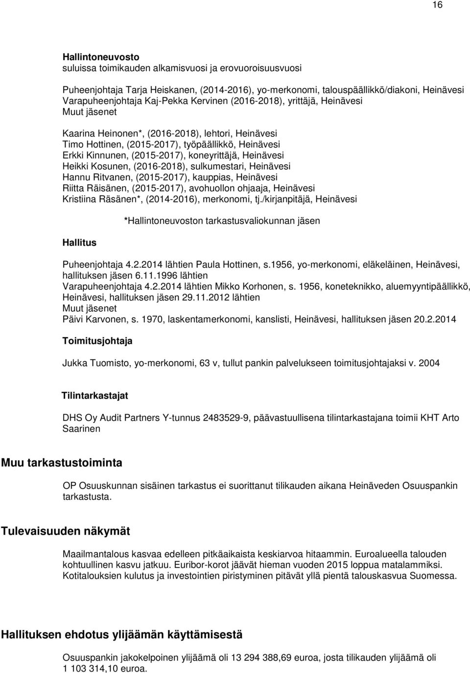koneyrittäjä, Heinävesi Heikki Kosunen, (2016-2018), sulkumestari, Heinävesi Hannu Ritvanen, (2015-2017), kauppias, Heinävesi Riitta Räisänen, (2015-2017), avohuollon ohjaaja, Heinävesi Kristiina