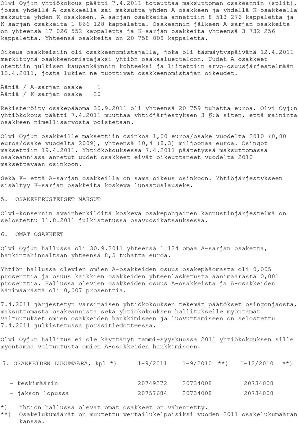 Osakeannin jälkeen A-sarjan osakkeita on yhteensä 17 026 552 kappaletta ja K-sarjan osakkeita yhteensä 3 732 256 kappaletta. Yhteensä osakkeita on 20 758 808 kappaletta.