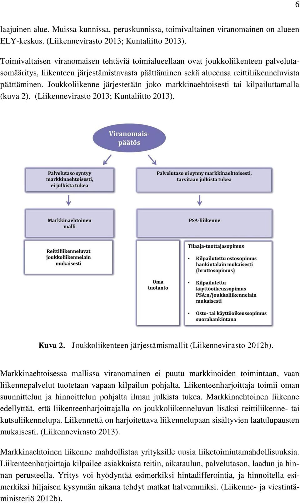 Joukkoliikenne järjestetään joko markkinaehtoisesti tai kilpailuttamalla (kuva 2). (Liikennevirasto 2013; Kuntaliitto 2013). Kuva 2. Joukkoliikenteen järjestämismallit (Liikennevirasto 2012b).