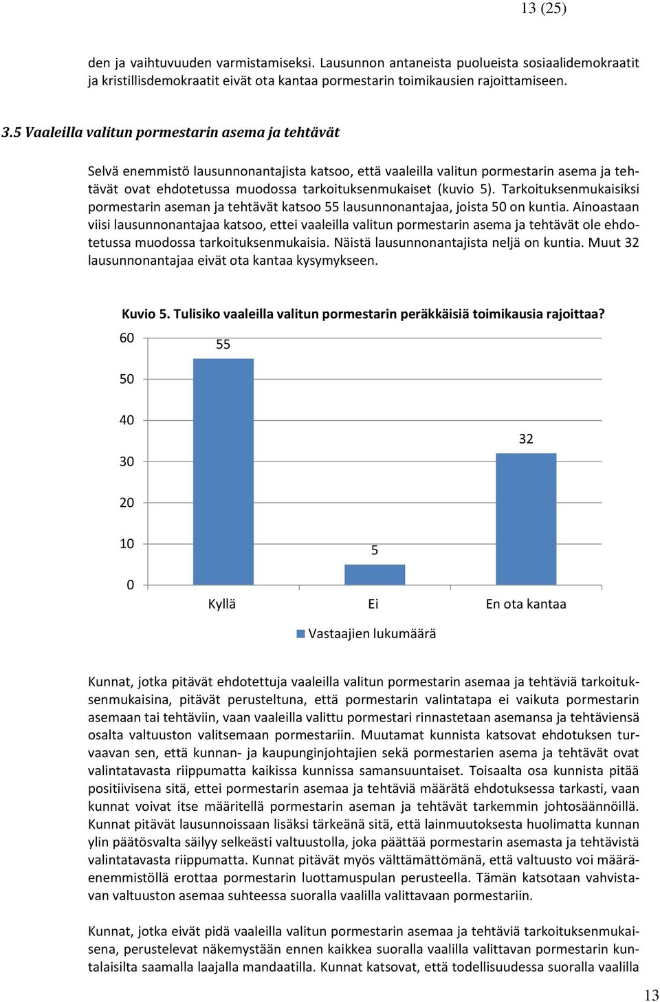 5). Tarkoituksenmukaisiksi pormestarin aseman ja tehtävät katsoo 55 lausunnonantajaa, joista 50 on kuntia.