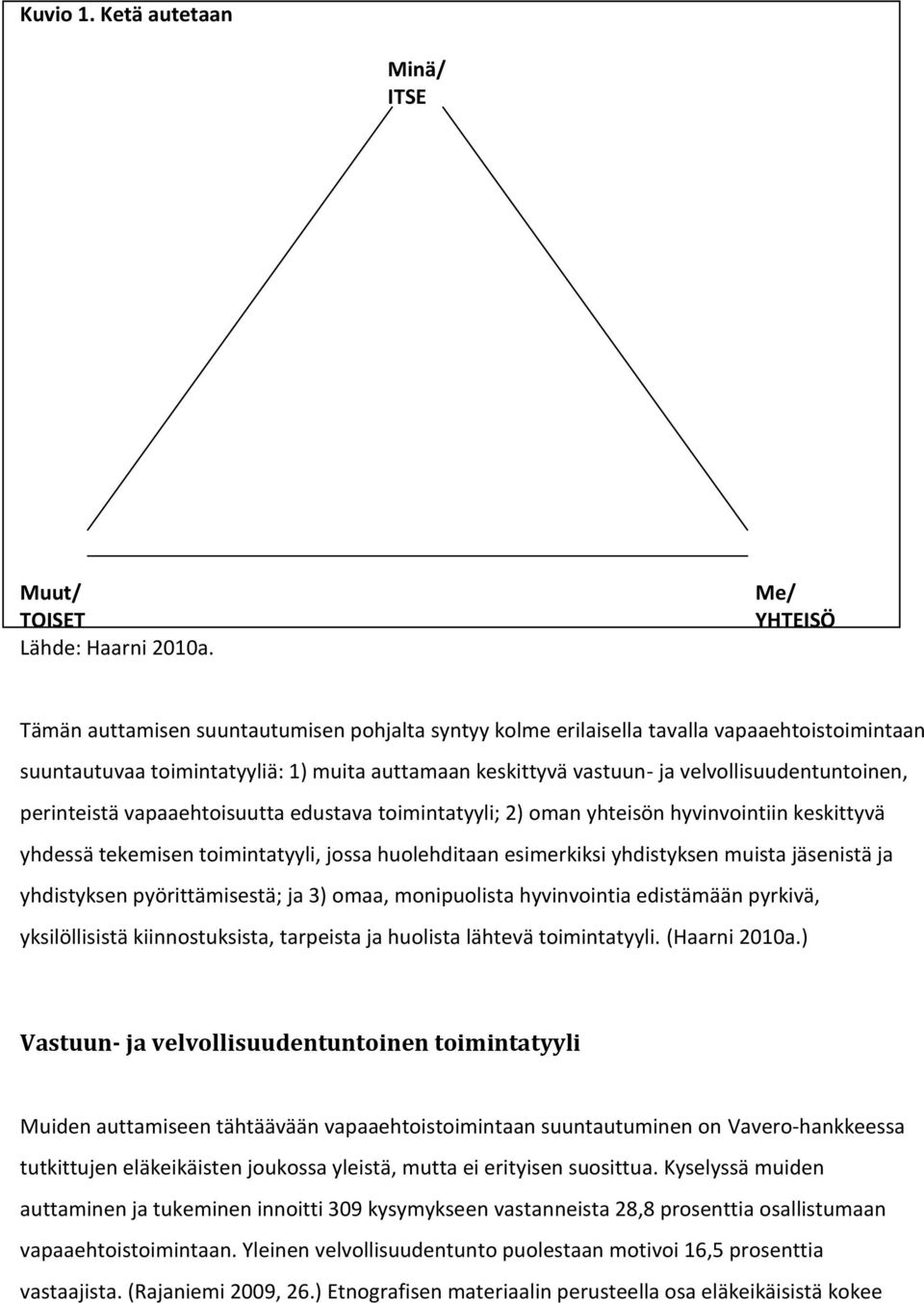 velvollisuudentuntoinen, perinteistä vapaaehtoisuutta edustava toimintatyyli; 2) oman yhteisön hyvinvointiin keskittyvä yhdessä tekemisen toimintatyyli, jossa huolehditaan esimerkiksi yhdistyksen