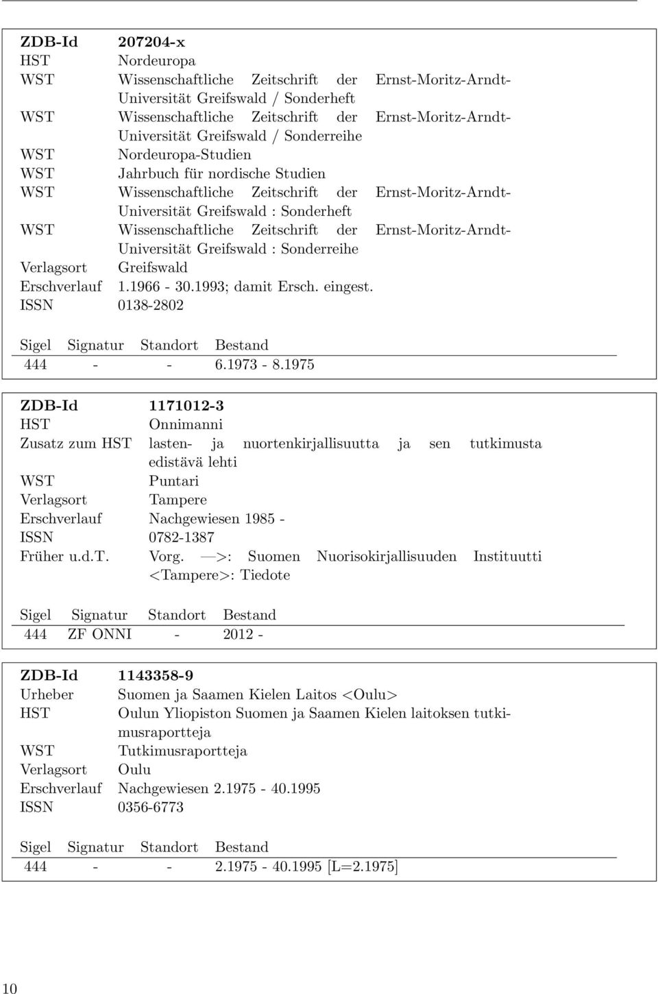 Zeitschrift der Ernst-Moritz-Arndt- Universität Greifswald : Sonderreihe sort Greifswald Erschverlauf 1.1966-30.1993; damit Ersch. eingest. ISSN 0138-2802 444 - - 6.1973-8.