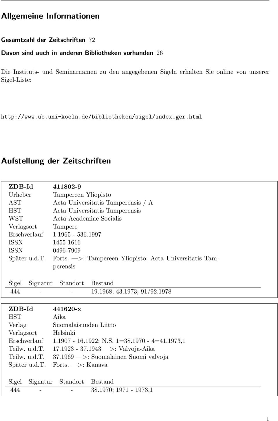 html Aufstellung der Zeitschriften ZDB-Id 411802-9 Urheber Tampereen Yliopisto AST Acta Universitatis Tamperensis / A Acta Universitatis Tamperensis WST Acta Academiae Socialis sort Tampere