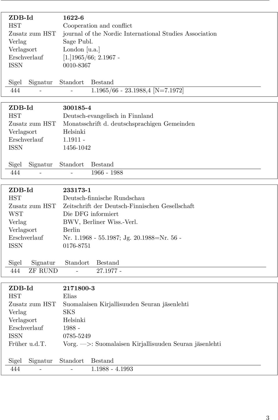 1911 - ISSN 1456-1042 444 - - 1966-1988 ZDB-Id 233173-1 Deutsch-finnische Rundschau Zusatz zum Zeitschrift der Deutsch-Finnischen Gesellschaft WST Die DFG informiert BWV, Berliner Wiss.-Verl.