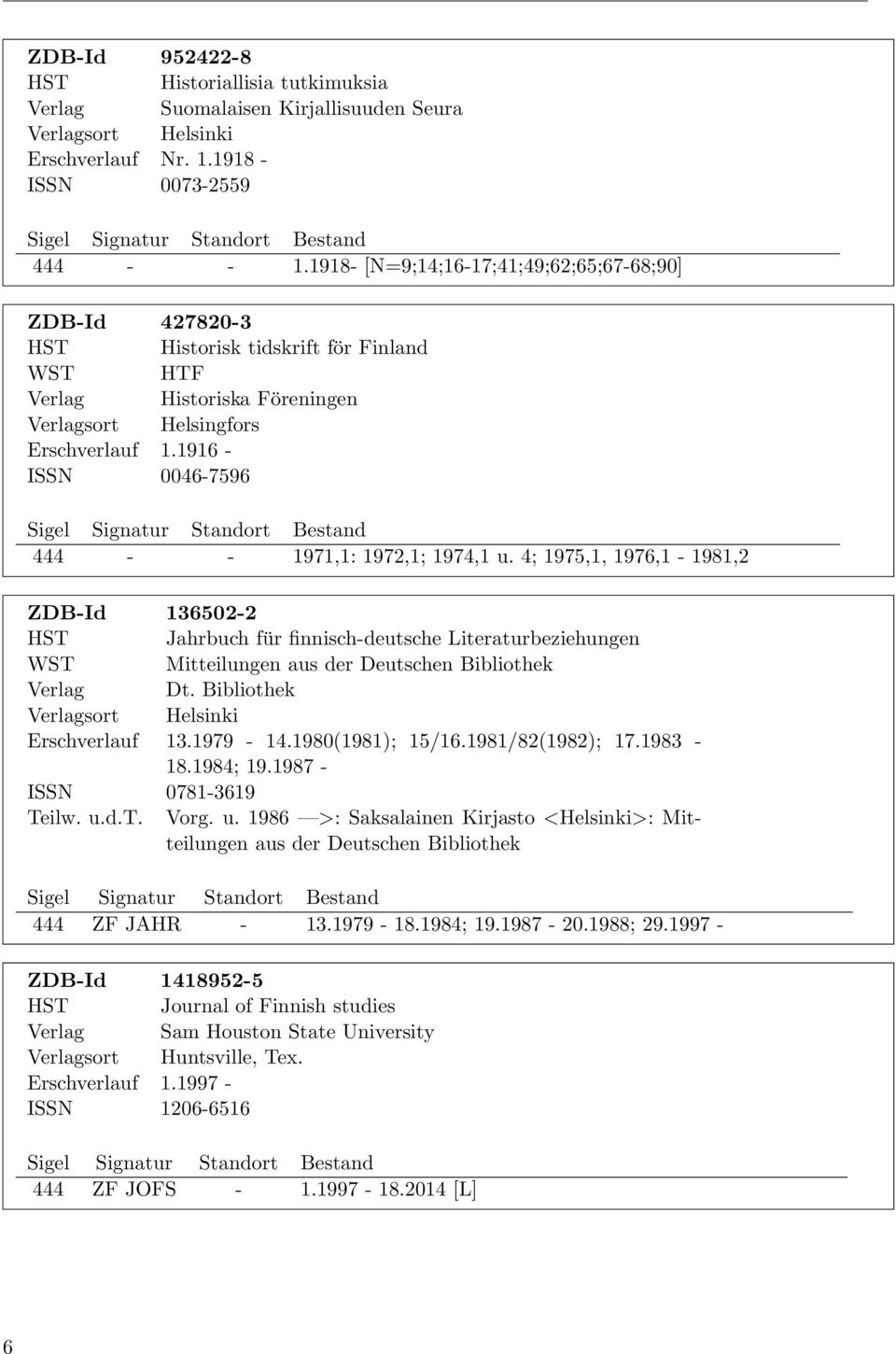 1916 - ISSN 0046-7596 444 - - 1971,1: 1972,1; 1974,1 u. 4; 1975,1, 1976,1-1981,2 ZDB-Id 136502-2 Jahrbuch für finnisch-deutsche Literaturbeziehungen WST Mitteilungen aus der Deutschen Bibliothek Dt.