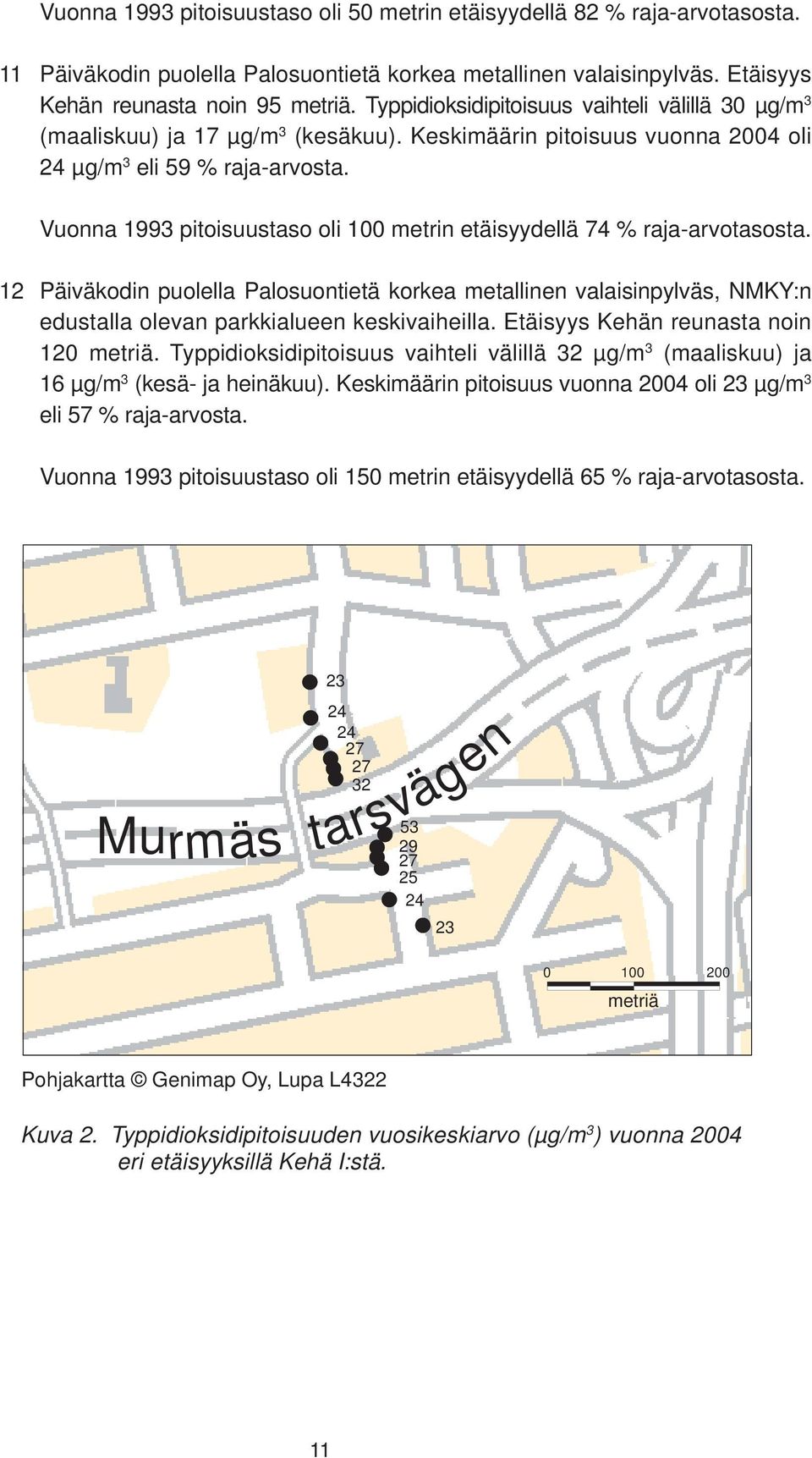 Vuonna 1993 pitoisuustaso oli 100 metrin etäisyydellä 74 % raja-arvotasosta. 12 Päiväkodin puolella Palosuontietä korkea metallinen valaisinpylväs, NMKY:n edustalla olevan parkkialueen keskivaiheilla.