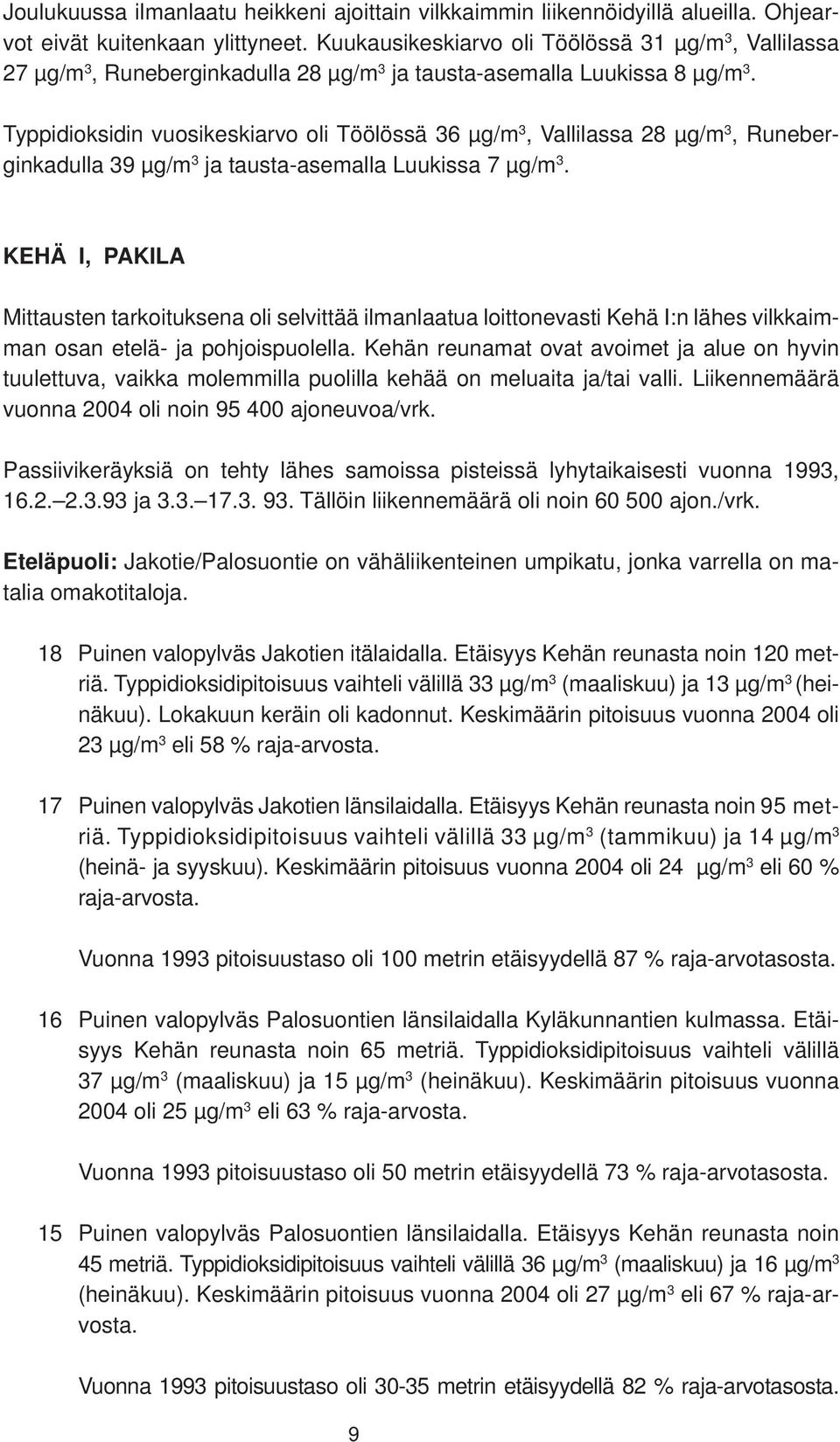 Typpidioksidin vuosikeskiarvo oli Töölössä 36 µg/m 3, Vallilassa 28 µg/m 3, Runeberginkadulla 39 µg/m 3 ja tausta-asemalla Luukissa 7 µg/m 3.