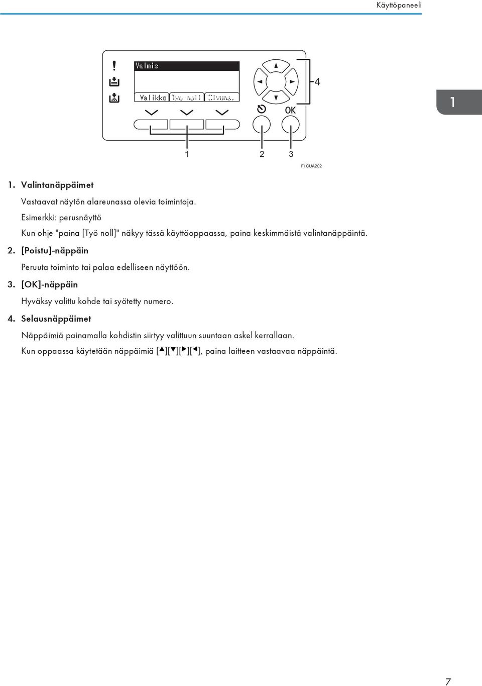 [Poistu]-näppäin Peruuta toiminto tai palaa edelliseen näyttöön. 3. [OK]-näppäin Hyväksy valittu kohde tai syötetty numero. 4.