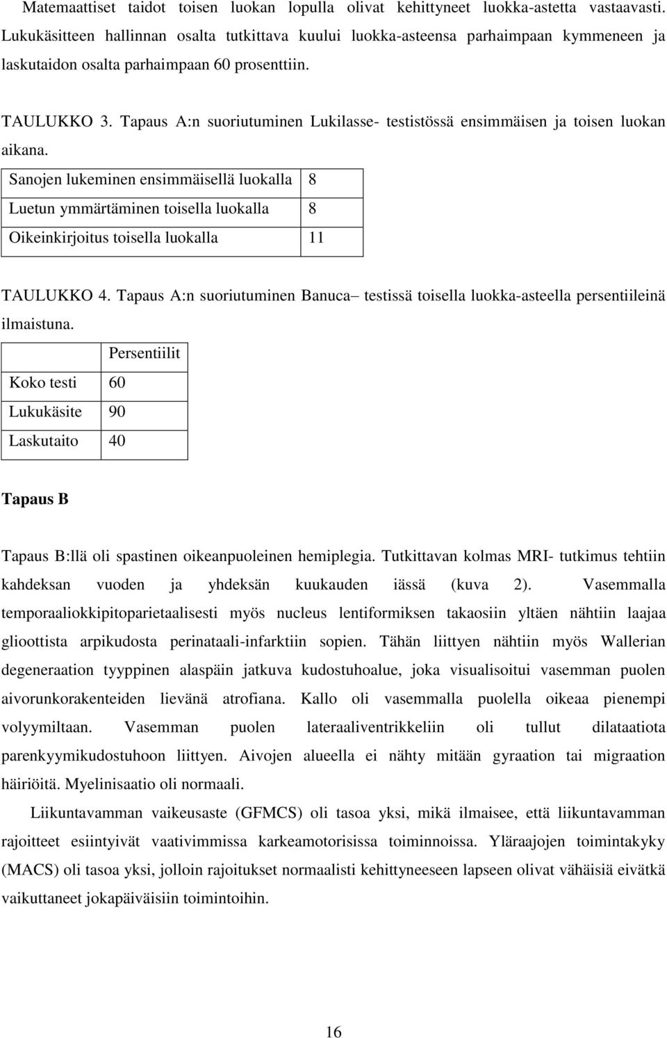 Tapaus A:n suoriutuminen Lukilasse- testistössä ensimmäisen ja toisen luokan aikana.