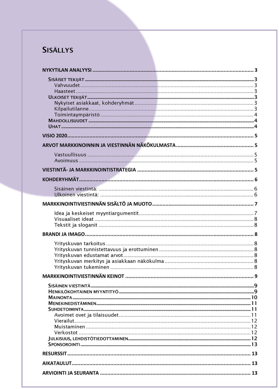 .. 6 Ulkoinen viestintä:... 6 MARKKINOINTIVIESTINNÄN SISÄLTÖ JA MUOTO... 7 Idea ja keskeiset myyntiargumentit... 7 Visuaaliset ideat... 8 Tekstit ja sloganit... 8 BRANDI JA IMAGO.