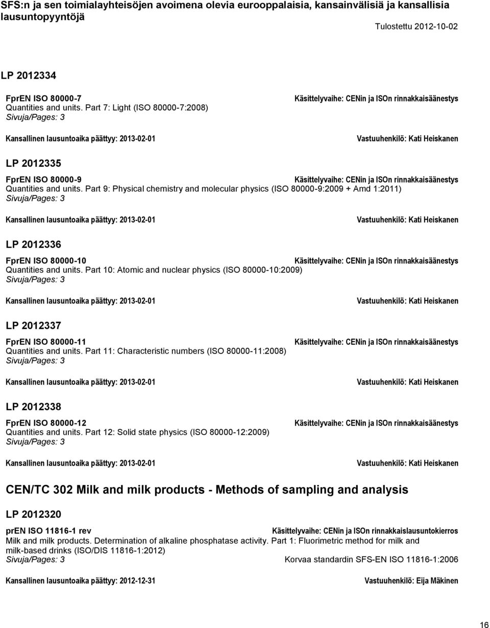 Part 9: Physical chemistry and molecular physics (ISO 80000-9:2009 + Amd 1:2011) Kansallinen lausuntoaika päättyy: 2013-02-01 Vastuuhenkilö: Kati Heiskanen LP 2012336 FprEN ISO 80000-10 Quantities