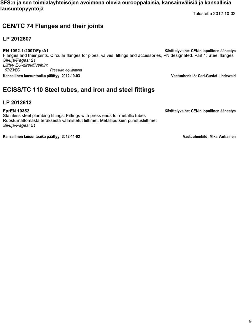 Part 1: Steel flanges Sivuja/Pages: 21 97/23/EC Pressure equipment Kansallinen lausuntoaika päättyy: 2012-10-03 Vastuuhenkilö: Carl-Gustaf Lindewald ECISS/TC 110 Steel tubes, and iron
