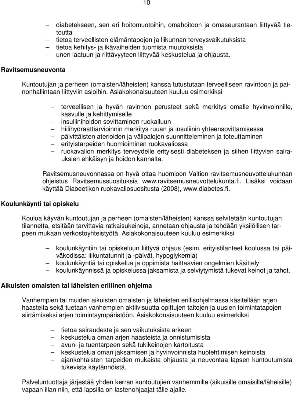 Kuntoutujan ja perheen (omaisten/läheisten) kanssa tutustutaan terveelliseen ravintoon ja painonhallintaan liittyviin asioihin.