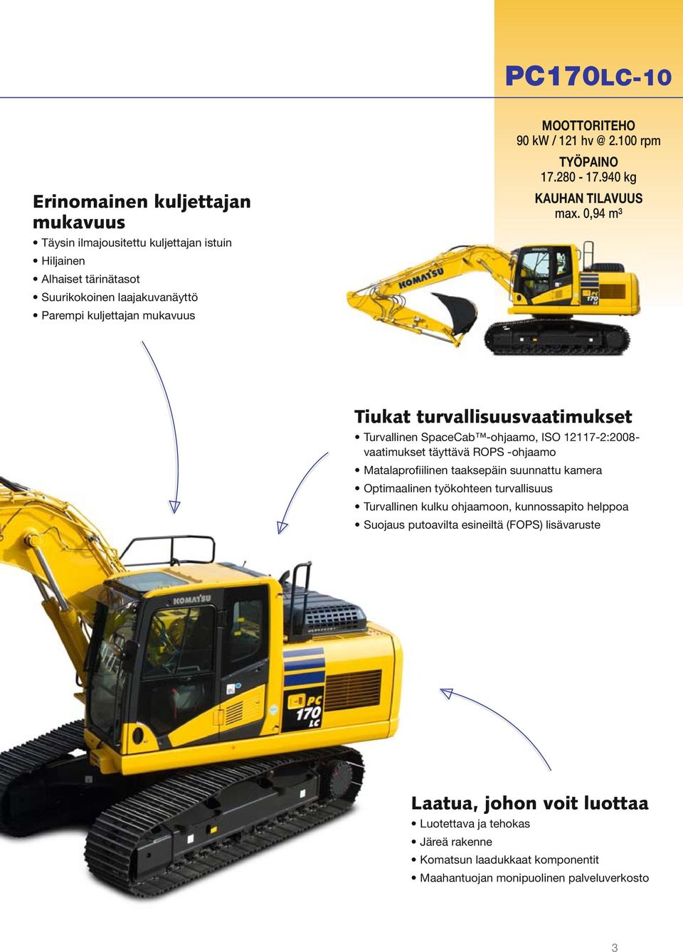 0,94 m³ Tiukat turvallisuusvaatimukset Turvallinen SpaceCab -ohjaamo, ISO 12117-2:2008- vaatimukset täyttävä ROPS -ohjaamo Matalaprofiilinen taaksepäin suunnattu kamera