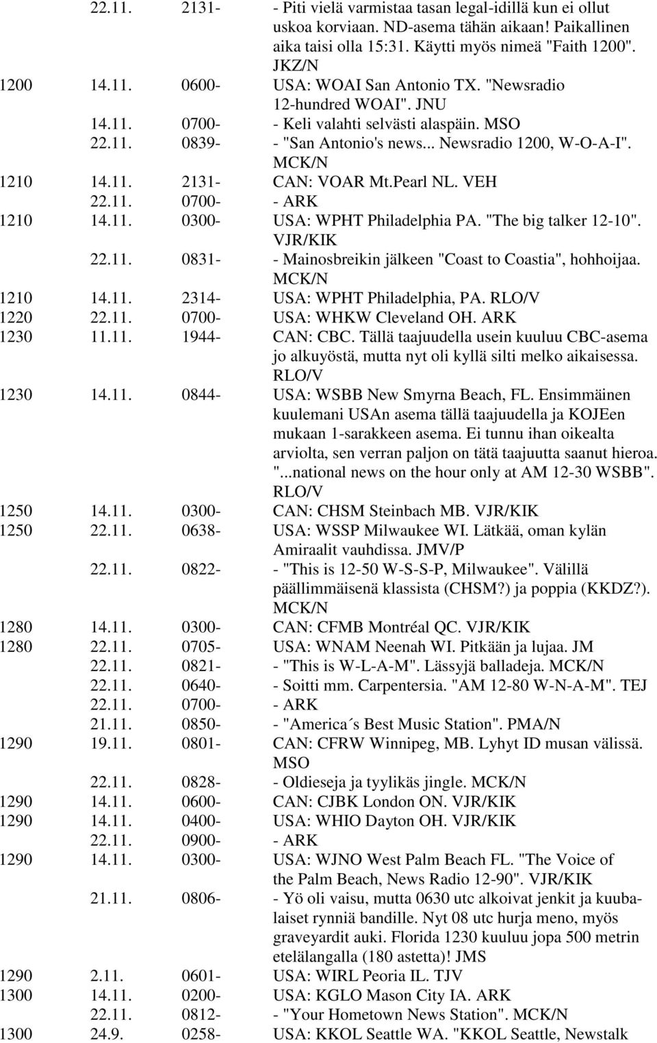 VEH 22.11. 0700- - ARK 1210 14.11. 0300- USA: WPHT Philadelphia PA. "The big talker 12-10". VJR/KIK 22.11. 0831- - Mainosbreikin jälkeen "Coast to Coastia", hohhoijaa. MCK/N 1210 14.11. 2314- USA: WPHT Philadelphia, PA.