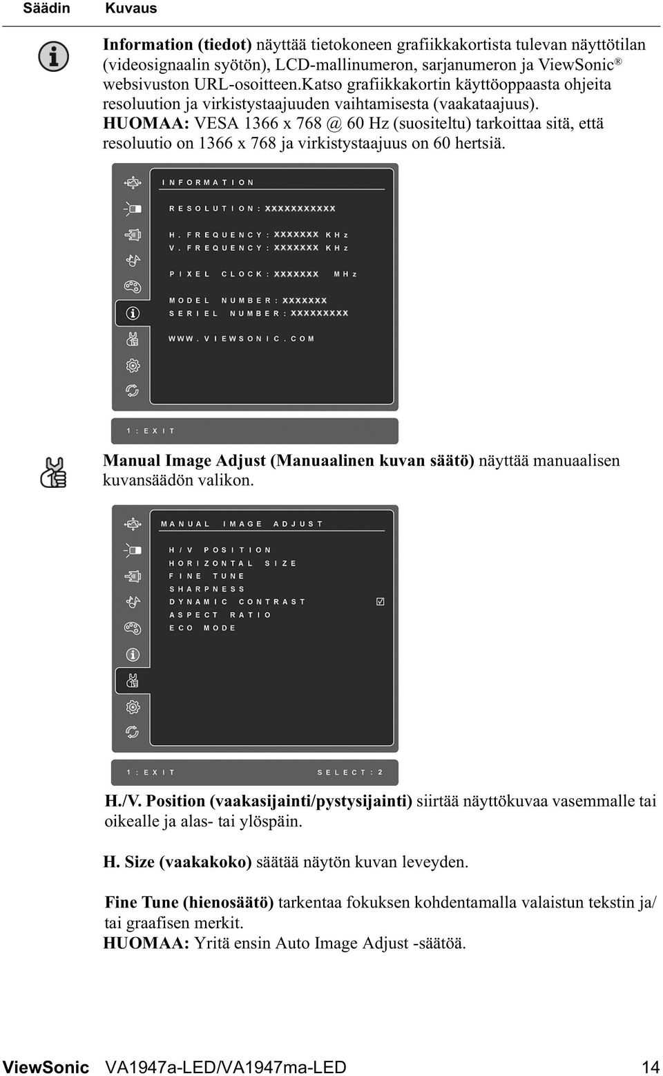 HUOMAA: VESA 1366 x 768 @ 60 Hz (suositeltu) tarkoittaa sitä, että resoluutio on 1366 x 768 ja virkistystaajuus on 60 hertsiä.