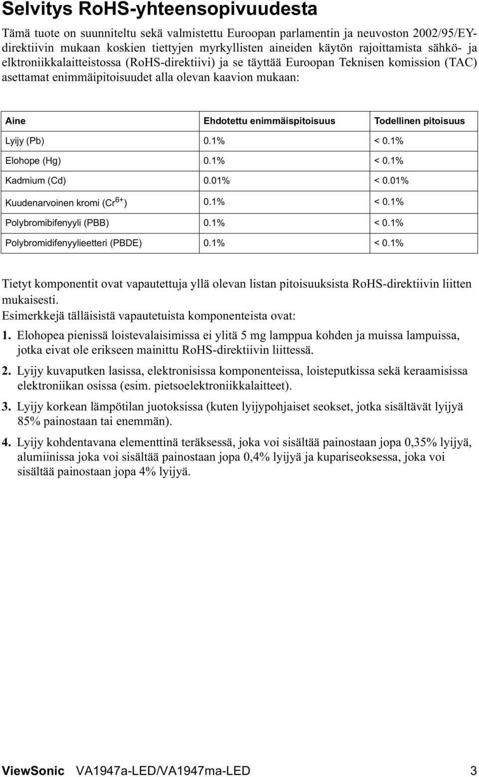 Todellinen pitoisuus Lyijy (Pb) 0.1% < 0.1% Elohope (Hg) 0.1% < 0.1% Kadmium (Cd) 0.01% < 0.01% Kuudenarvoinen kromi (Cr 6+ ) 0.1% < 0.1% Polybromibifenyyli (PBB) 0.1% < 0.1% Polybromidifenyylieetteri (PBDE) 0.