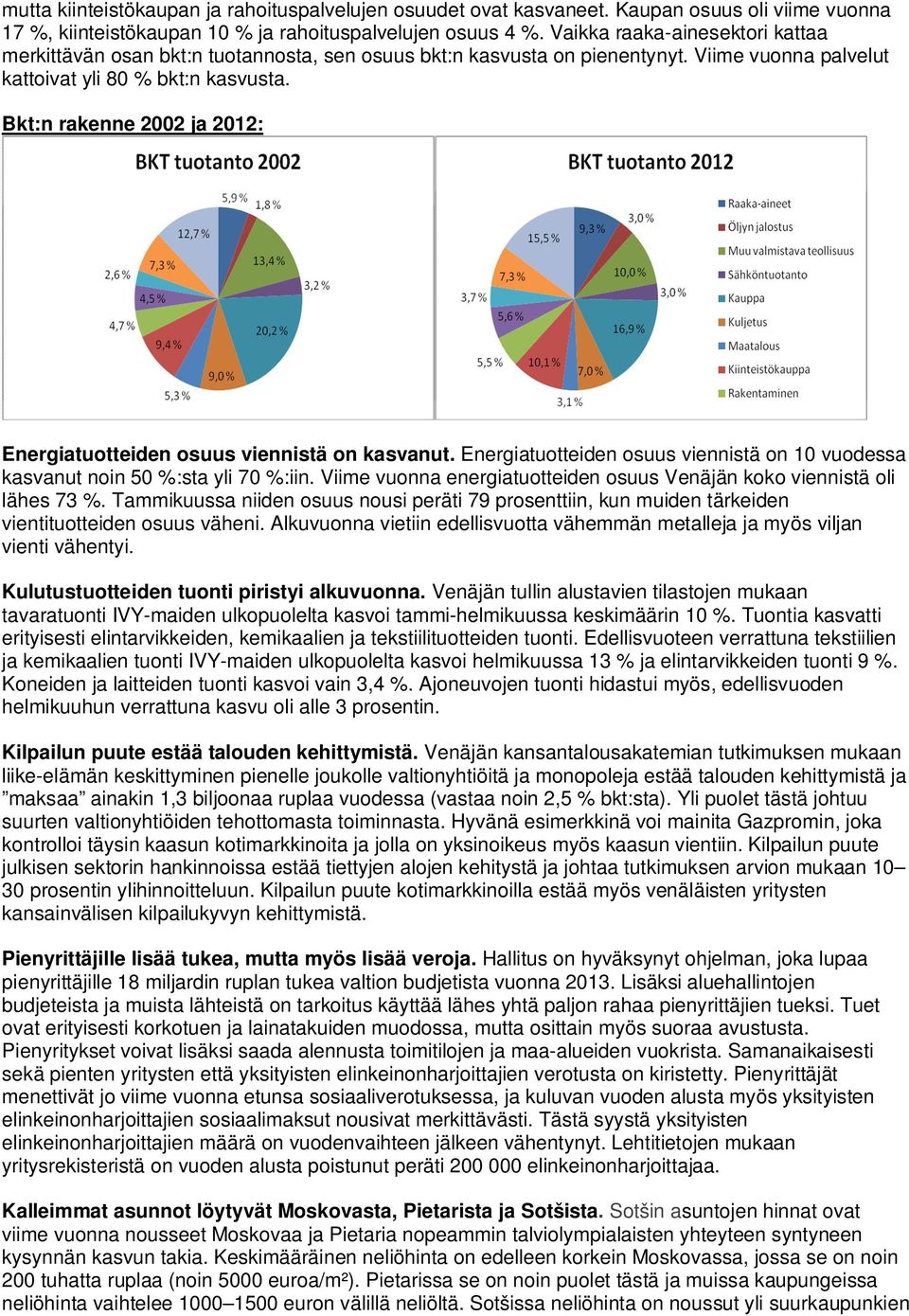 Bkt:n rakenne 2002 ja 2012: Energiatuotteiden osuus viennistä on kasvanut. Energiatuotteiden osuus viennistä on 10 vuodessa kasvanut noin 50 %:sta yli 70 %:iin.