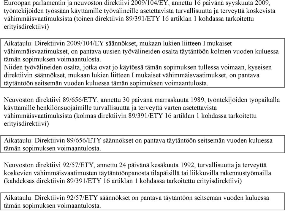 vähimmäisvaatimukset, on pantava uusien työvälineiden osalta täytäntöön kolmen vuoden kuluessa tämän Niiden työvälineiden osalta, jotka ovat jo käytössä tämän sopimuksen tullessa voimaan, kyseisen