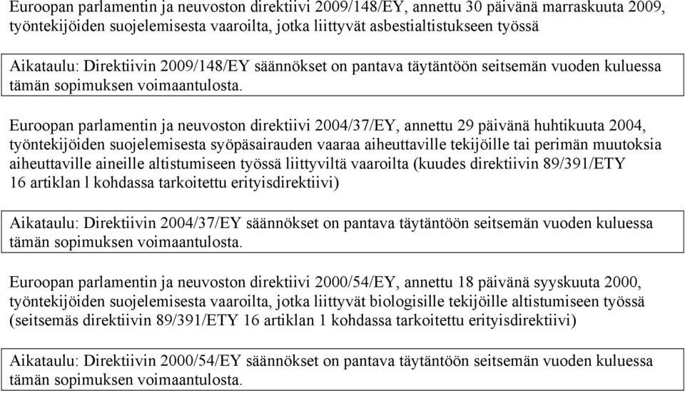 suojelemisesta syöpäsairauden vaaraa aiheuttaville tekijöille tai perimän muutoksia aiheuttaville aineille altistumiseen työssä liittyviltä vaaroilta (kuudes direktiivin 89/391/ETY 16 artiklan l