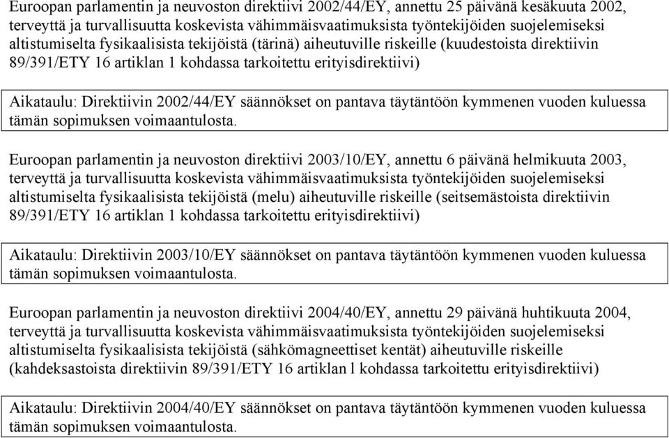 pantava täytäntöön kymmenen vuoden kuluessa tämän Euroopan parlamentin ja neuvoston direktiivi 2003/10/EY, annettu 6 päivänä helmikuuta 2003, terveyttä ja turvallisuutta koskevista