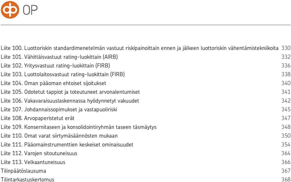 Odotetut tappiot ja toteutuneet arvonalentumiset 341 Liite 106. Vakavaraisuuslaskennassa hyödynnetyt vakuudet 342 Liite 107. Johdannaissopimukset ja vastapuoliriski 345 Liite 108.