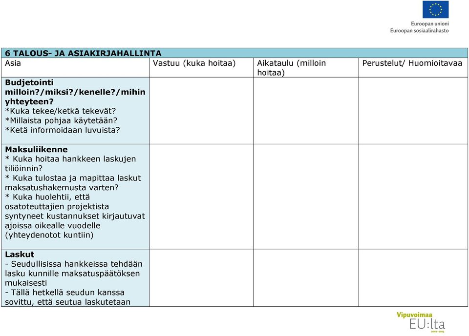 Perustelut/ Huomioitavaa Maksuliikenne * Kuka hoitaa hankkeen laskujen tiliöinnin? * Kuka tulostaa ja mapittaa laskut maksatushakemusta varten?