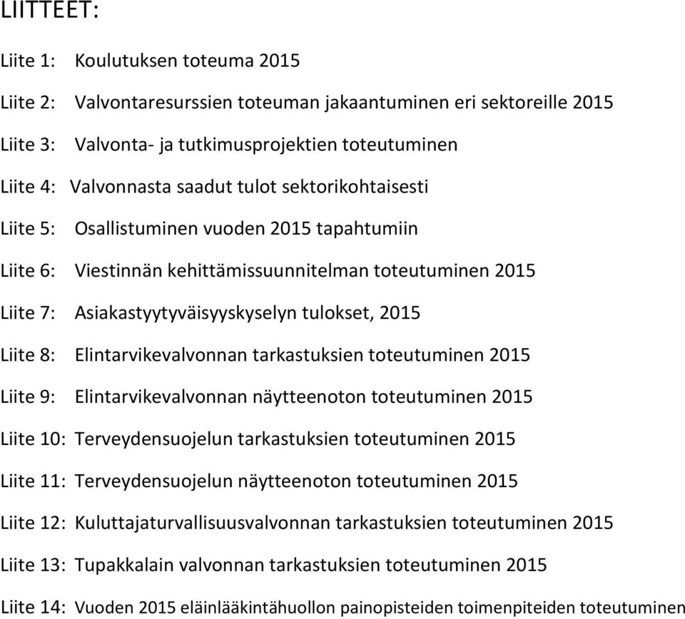 Elintarvikevalvonnan tarkastuksien toteutuminen 2015 Liite 9: Elintarvikevalvonnan näytteenoton toteutuminen 2015 Liite 10: Terveydensuojelun tarkastuksien toteutuminen 2015 Liite 11: