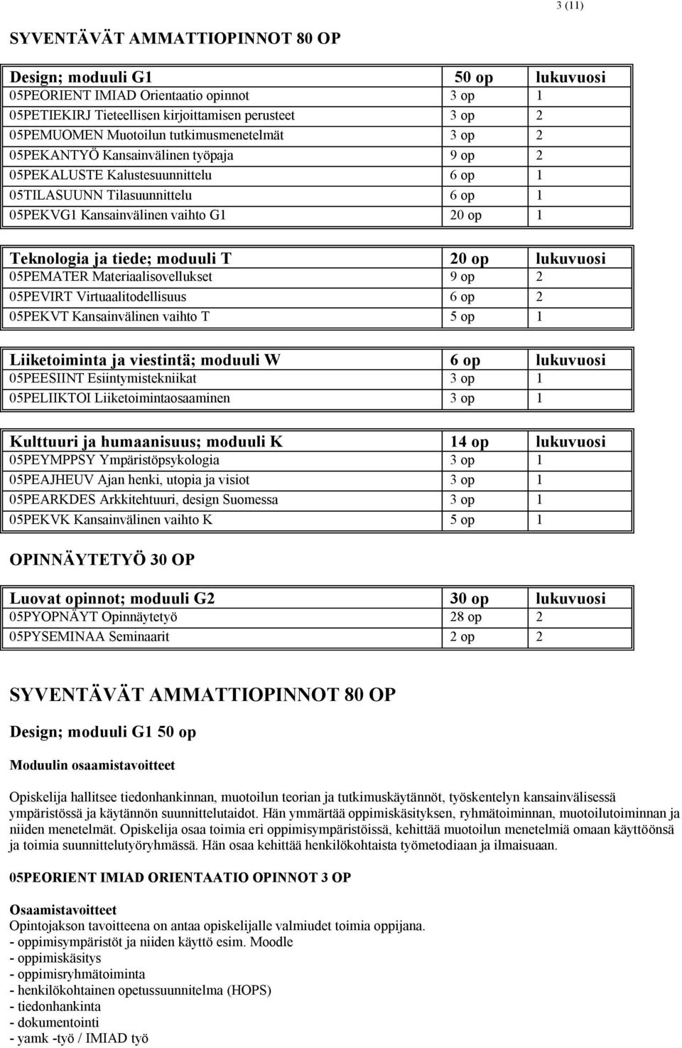 tiede; moduuli T 20 op lukuvuosi 05PEMATER Materiaalisovellukset 9 op 2 05PEVIRT Virtuaalitodellisuus 6 op 2 05PEKVT Kansainvälinen vaihto T 5 op 1 Liiketoiminta ja viestintä; moduuli W 6 op